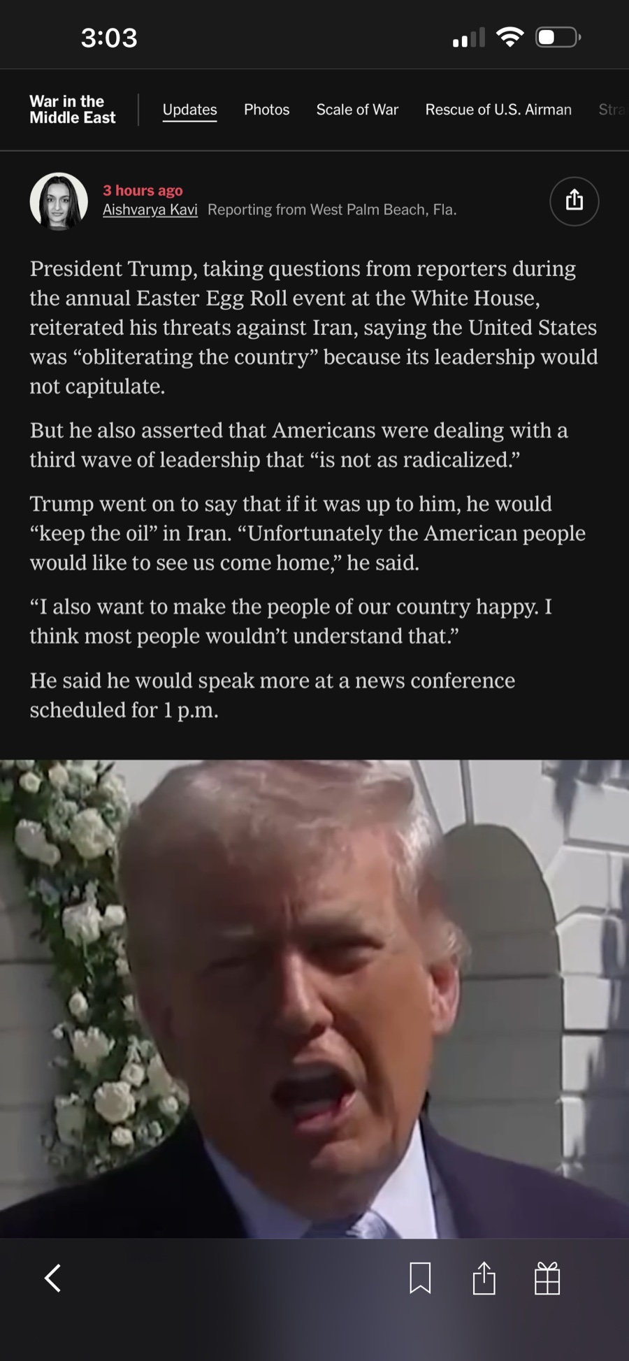 Live update reporting from West Palm Beach on Trump remarks about Iran